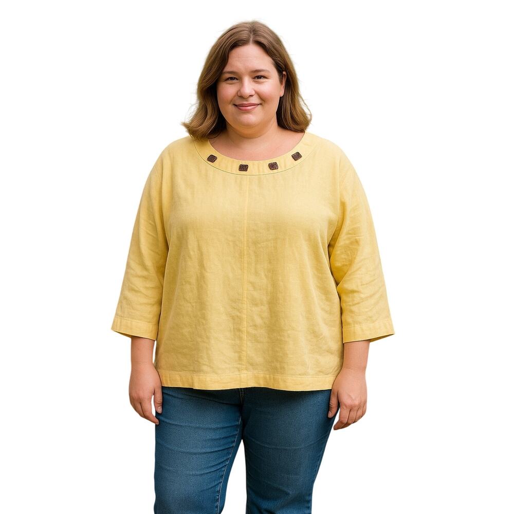 Choices Woman Plus Size 100% Linen Yellow 3/4 Sleeve wood accents Blouse 1X
